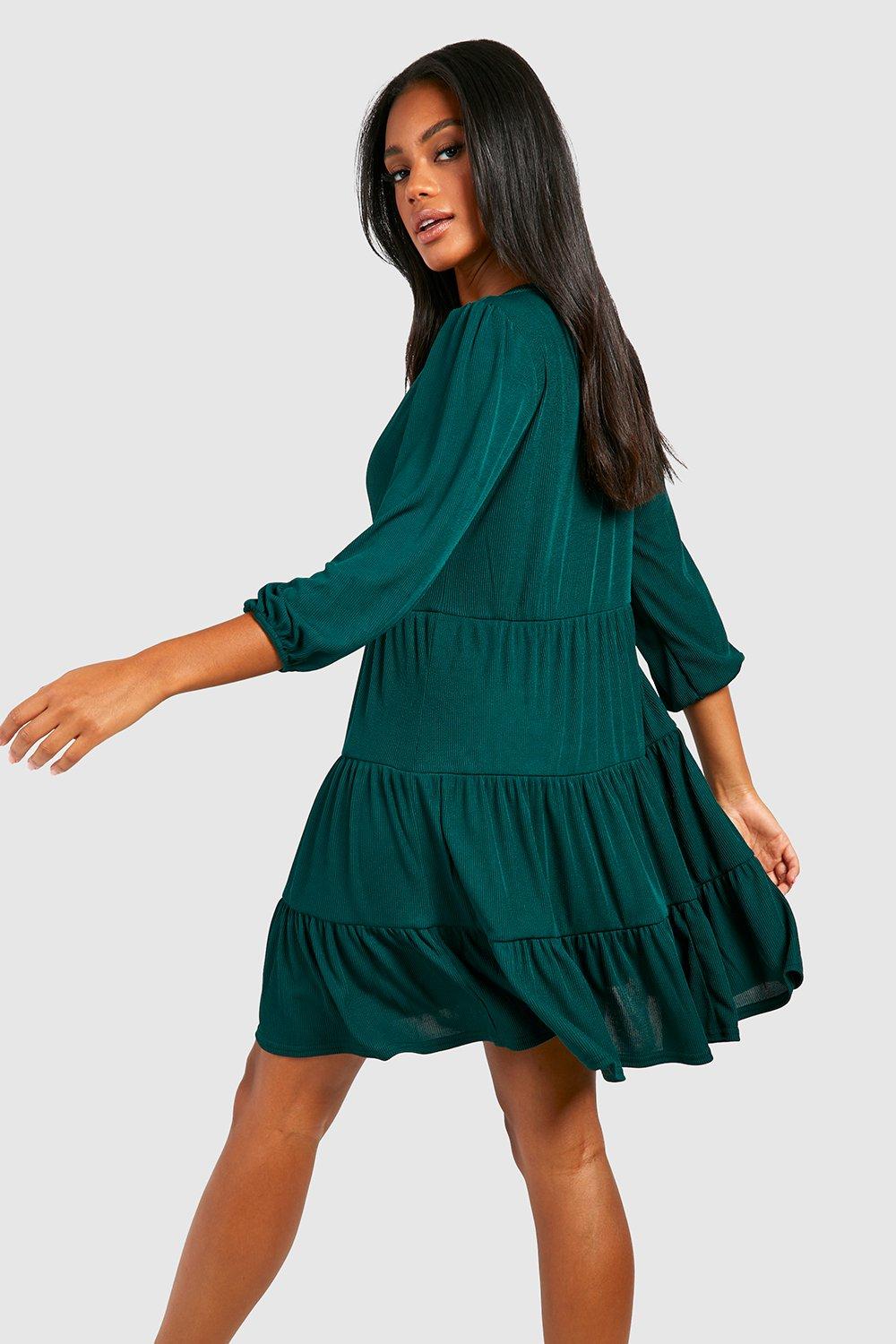 Rib V Neck Smock Dress | boohoo